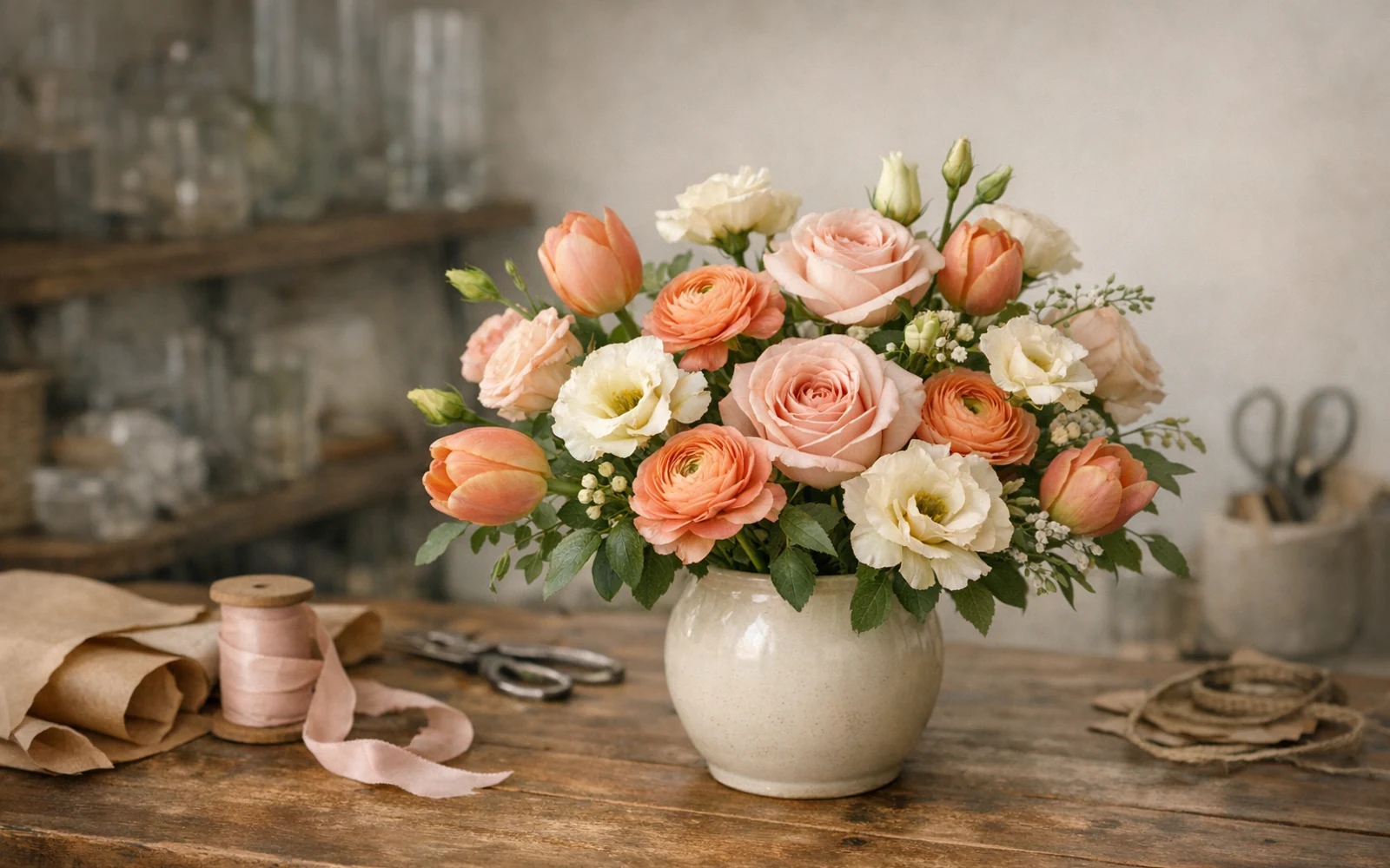 Elegant LiNa Garden studio floral portrait with blush roses, apricot tulips, and intimate morning light