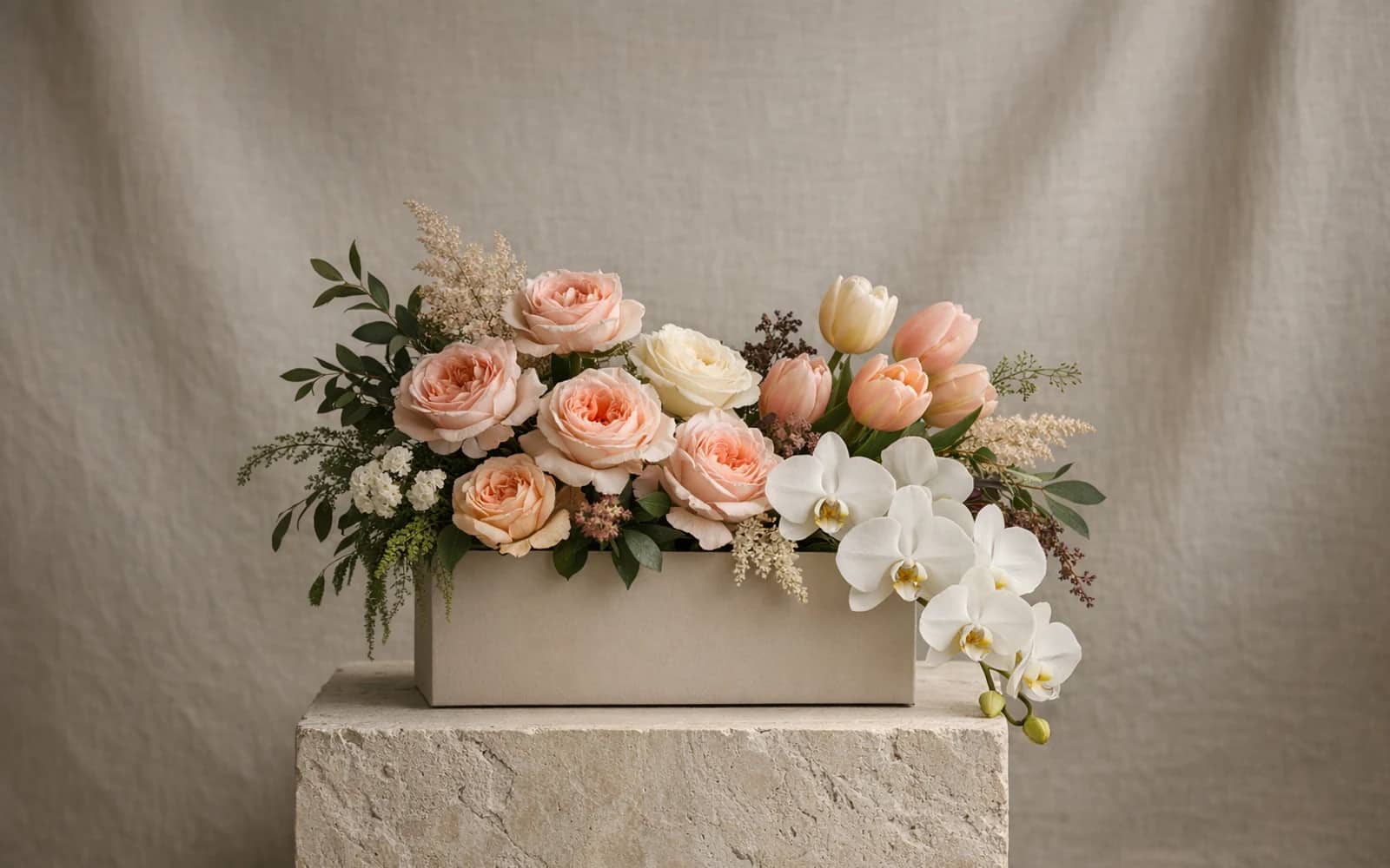Luxury flower box collection image from Lina Flowers with sculptural roses and tulips