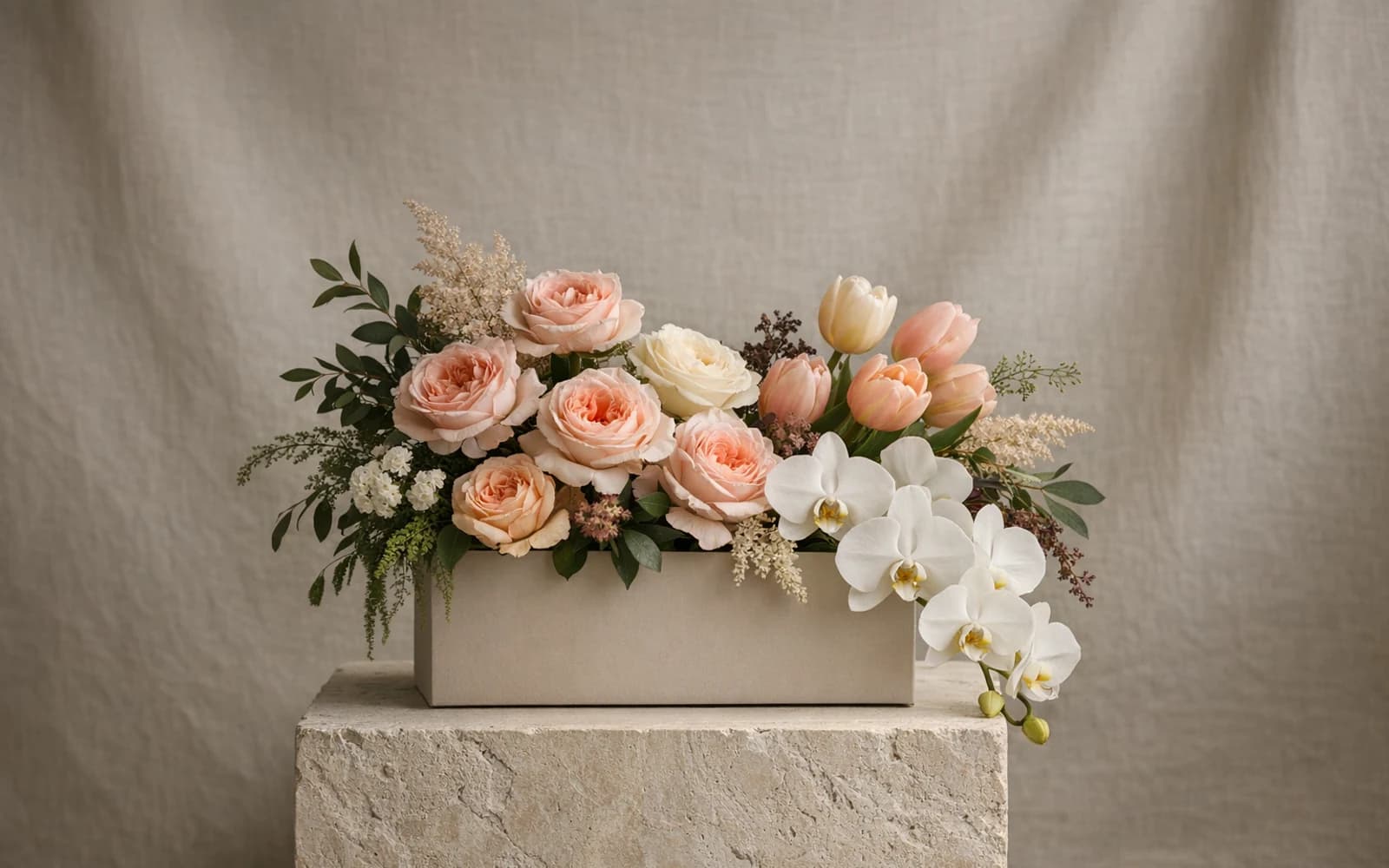 Luxury flower box collection image from Lina Flowers with sculptural roses and tulips