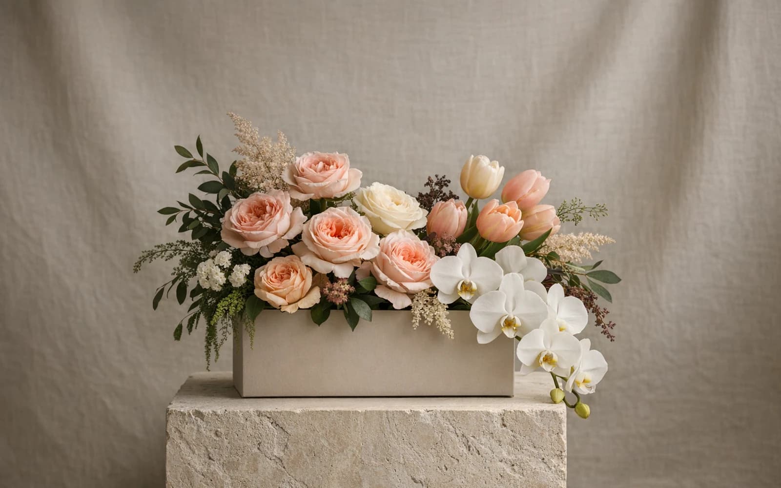 Luxury flower box collection image from Lina Flowers with sculptural roses and tulips