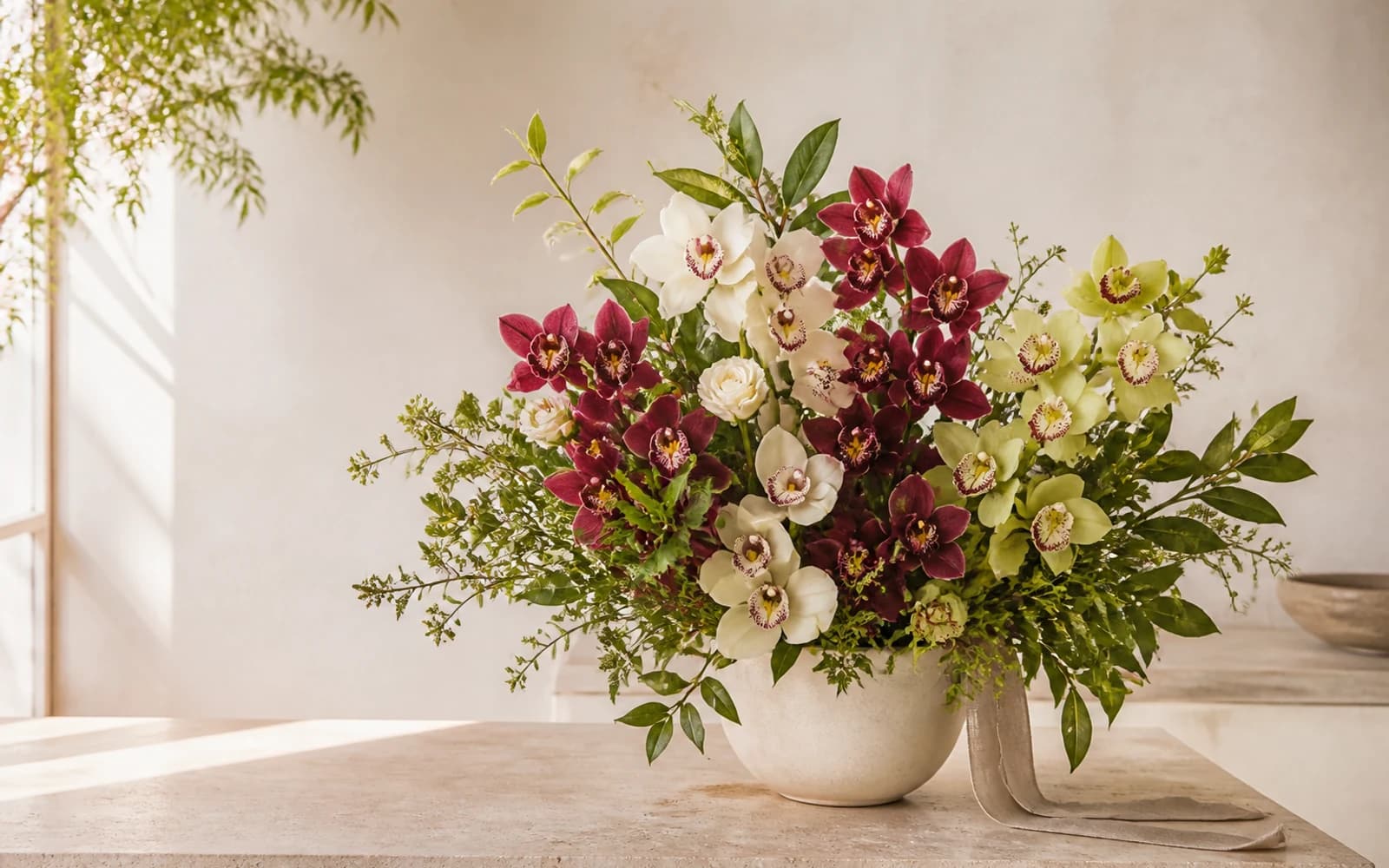 Plum, ivory, and green cymbidium orchid editorial arrangement in a warm light-filled florist atelier