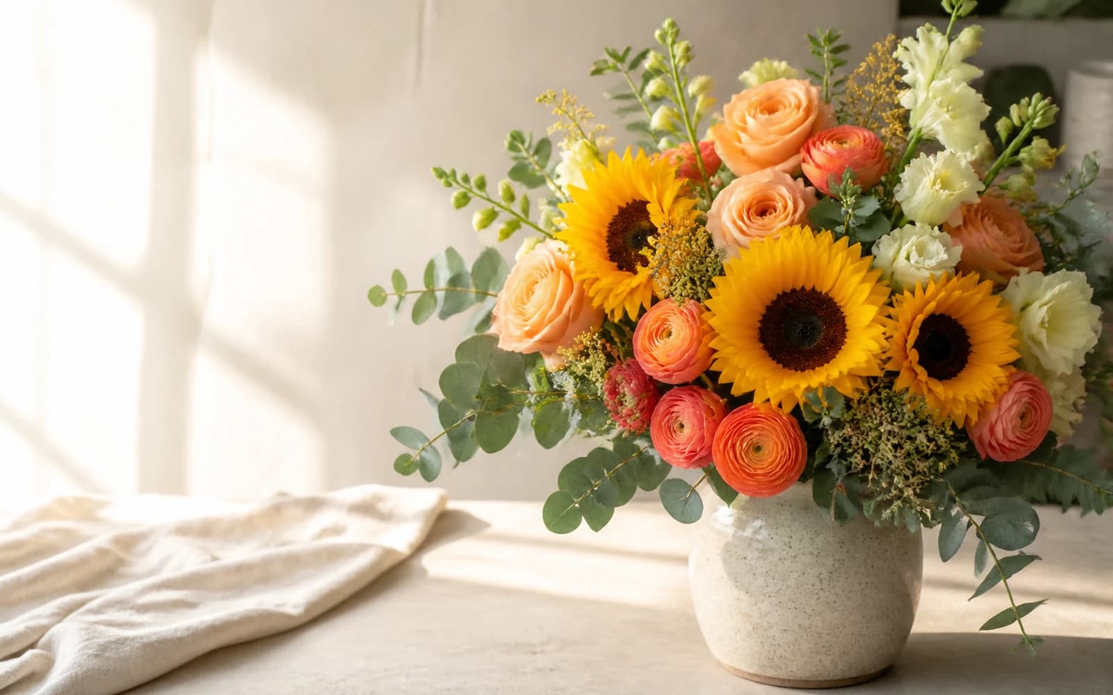 Refined sunflower arrangement with peach roses, coral ranunculus, cream flowers, and eucalyptus in warm natural light