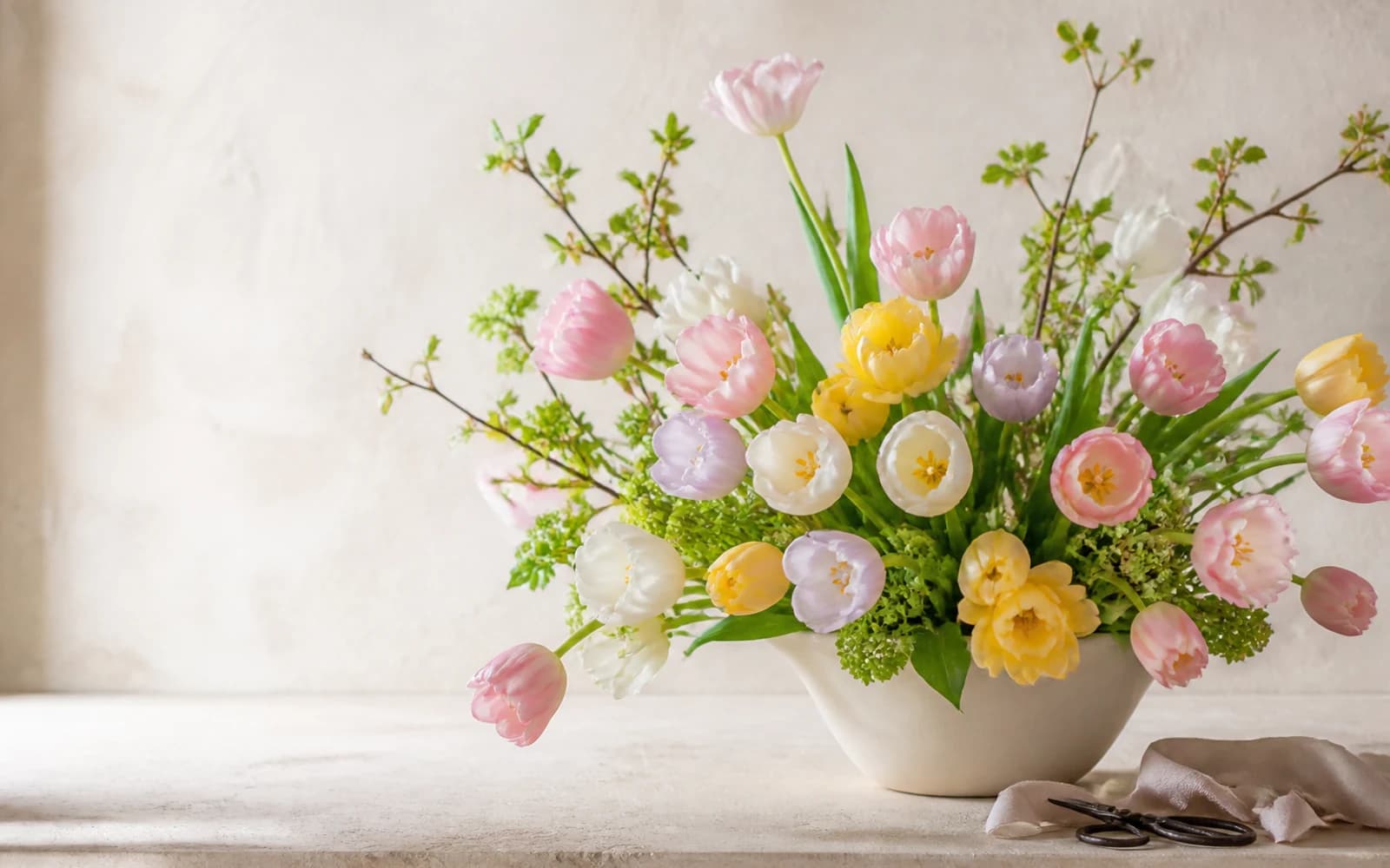 Layered blush, yellow, ivory, and lavender tulip editorial arrangement with fresh green stems in an airy florist atelier