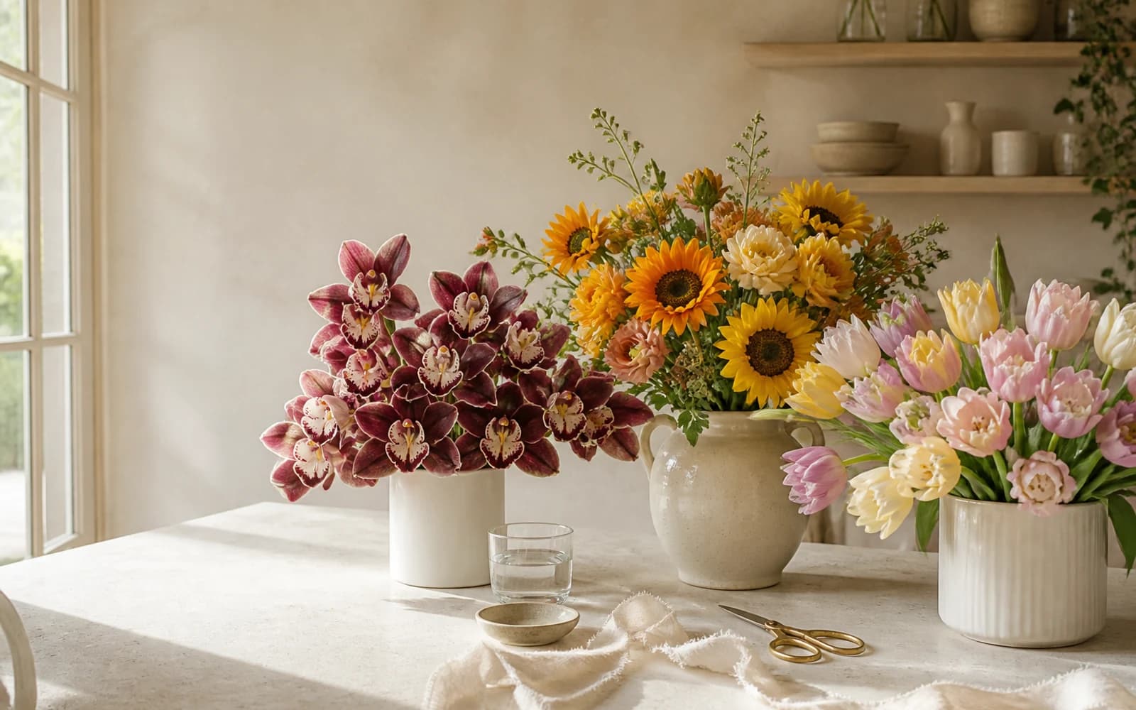 Cymbidium orchids, sunflowers, and pastel tulips arranged as a premium flower-type library in a light-filled florist atelier