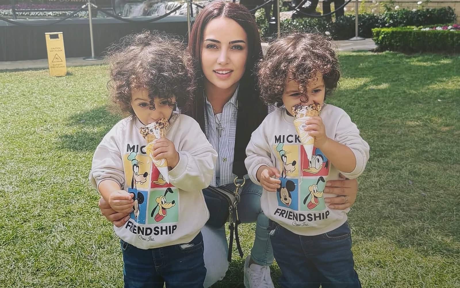 Naira Soghomonyan with her twin sons, Armen and Arman, sharing a family day outdoors