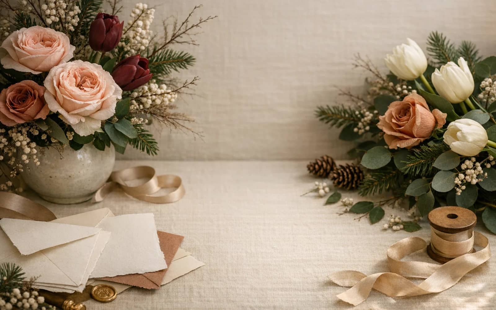 Seasonal Lina Flowers newsletter image with holiday florals, ribbons, and refined desk styling