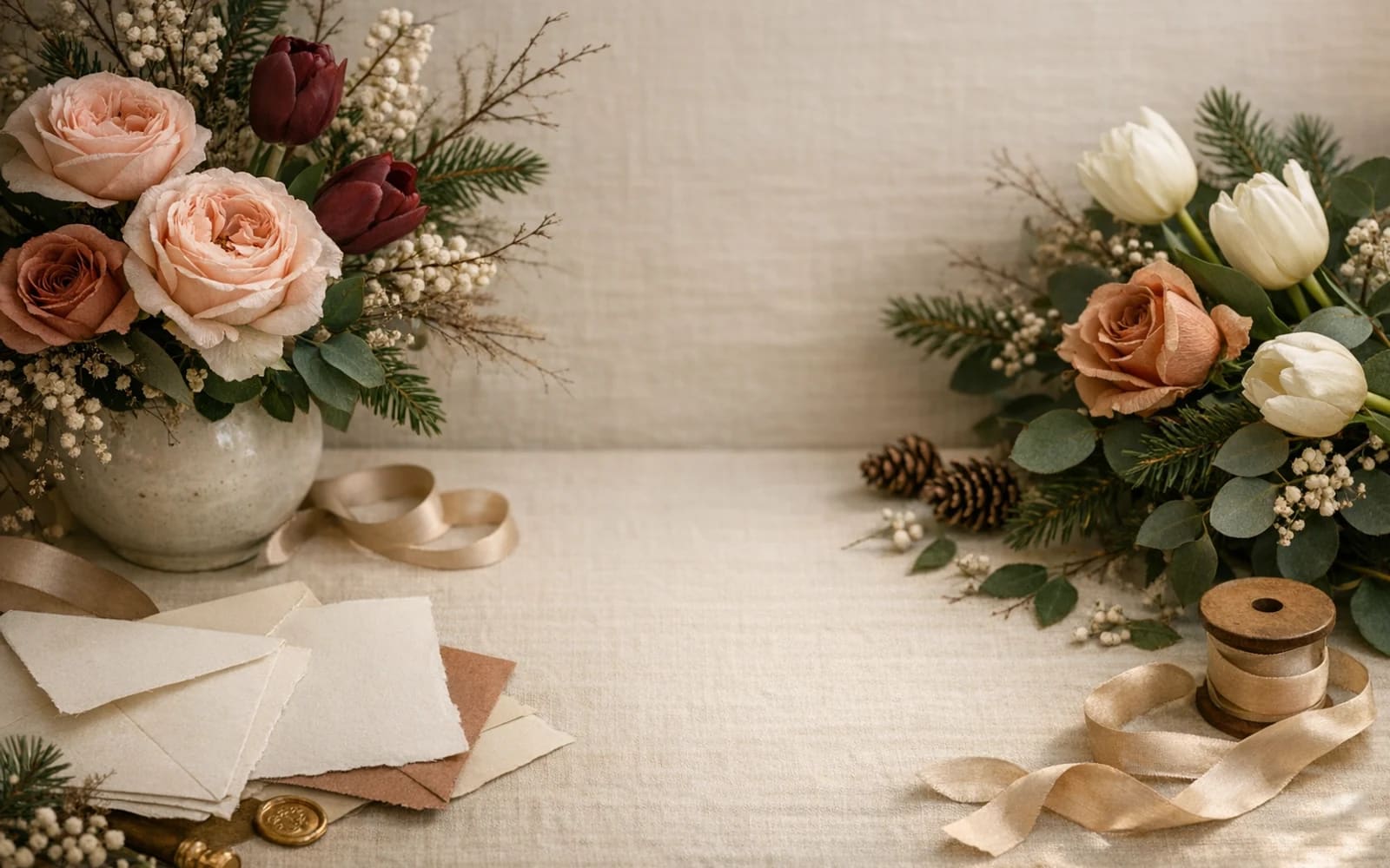 Seasonal Lina Flowers newsletter image with holiday florals, ribbons, and refined desk styling