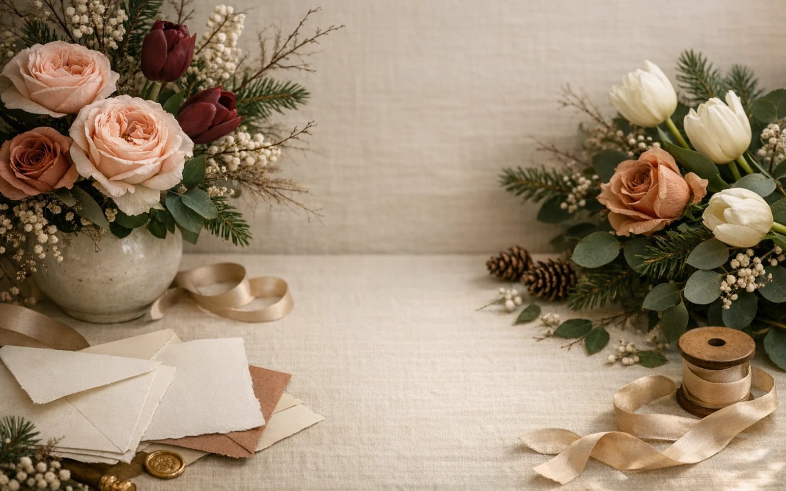 Seasonal LiNa Garden newsletter image with holiday florals, ribbons, and refined desk styling