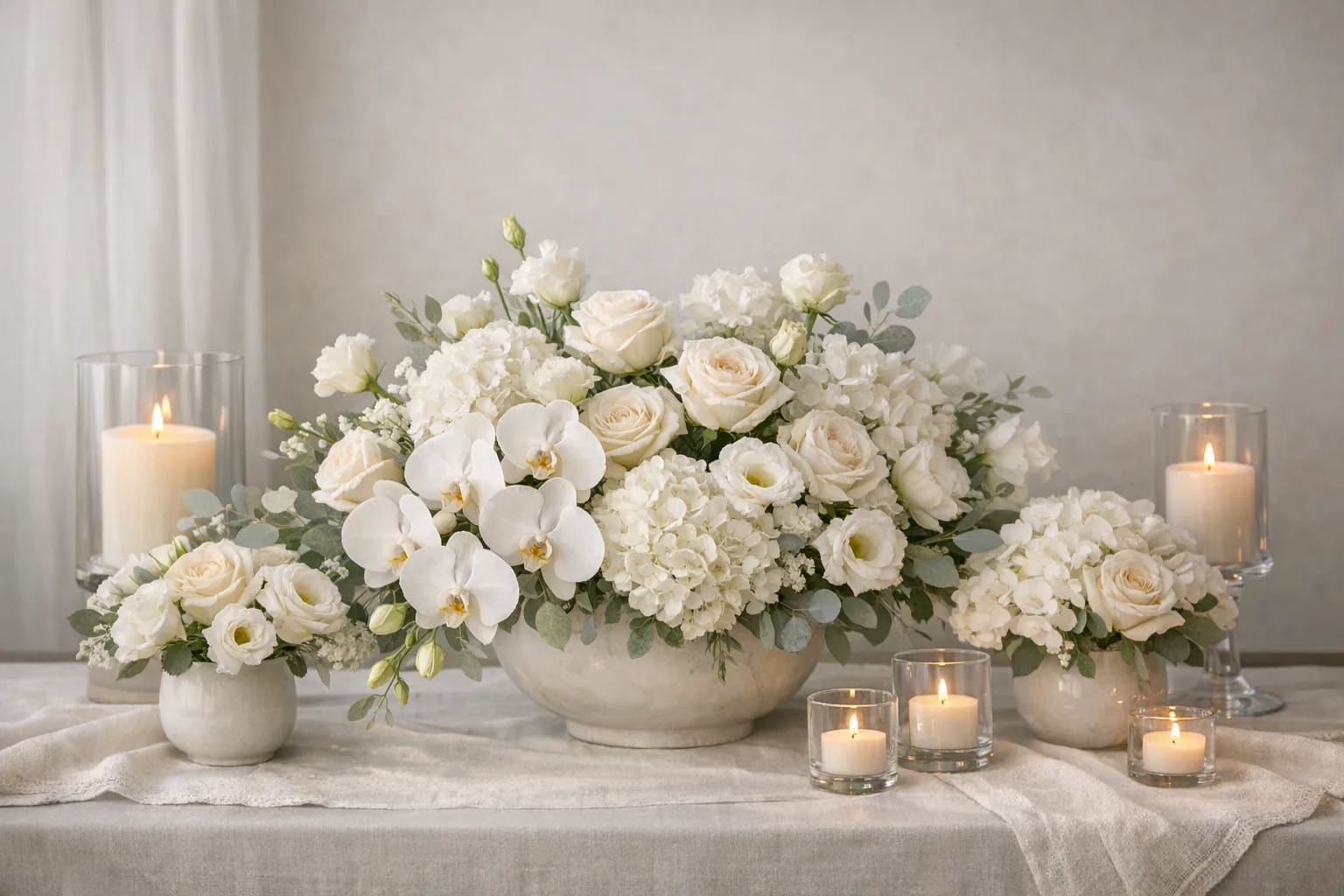 Quiet white and green sympathy flowers arranged for a memorial or condolence setting