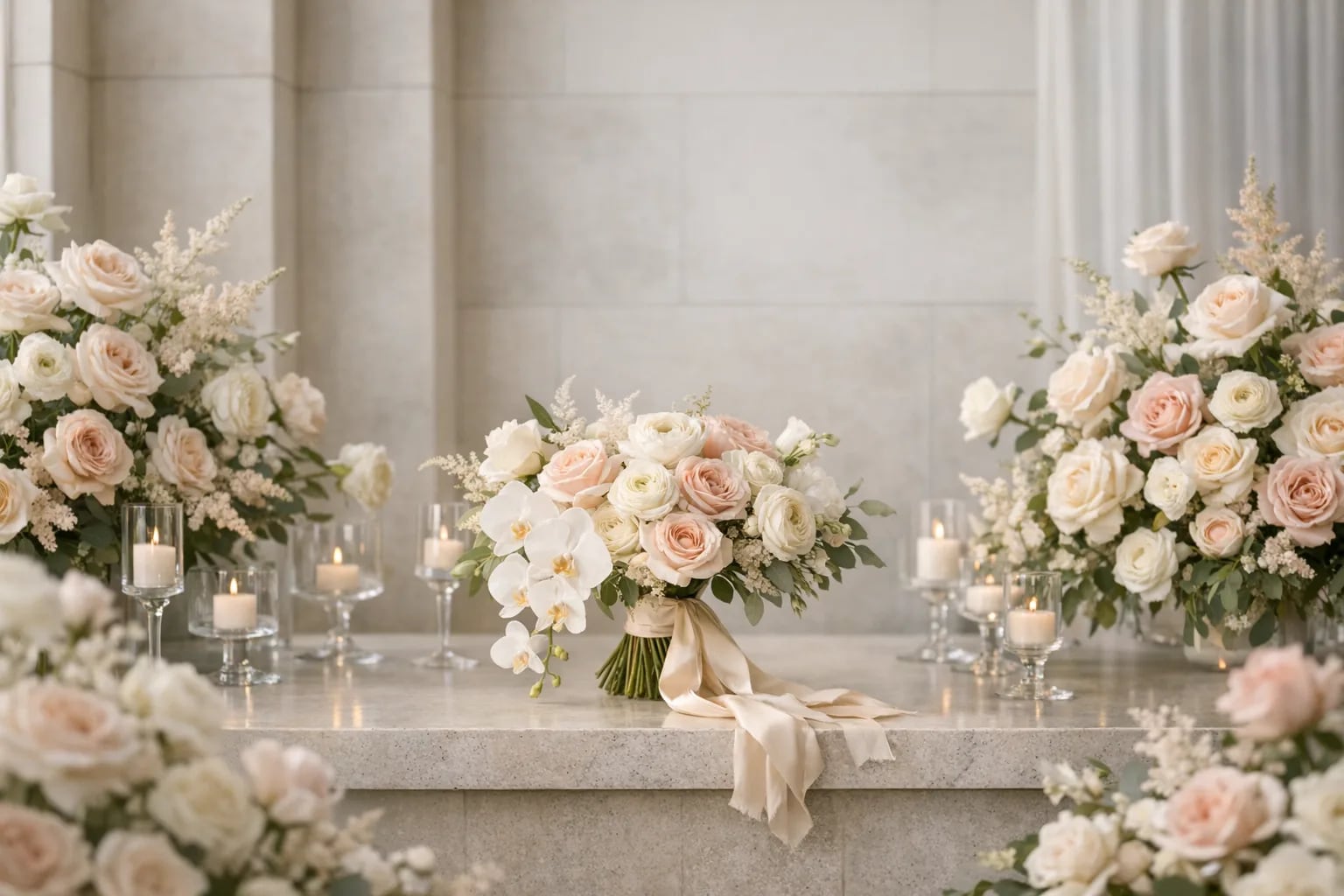 Luxury wedding floral editorial scene with bridal bouquet, orchids, roses, and ceremony arrangements by LiNa Garden