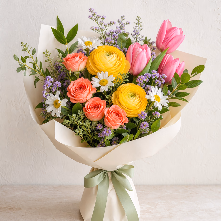 Petite Joy colorful affordable bouquet with coral roses, yellow ranunculus, pink tulips, and lavender accents