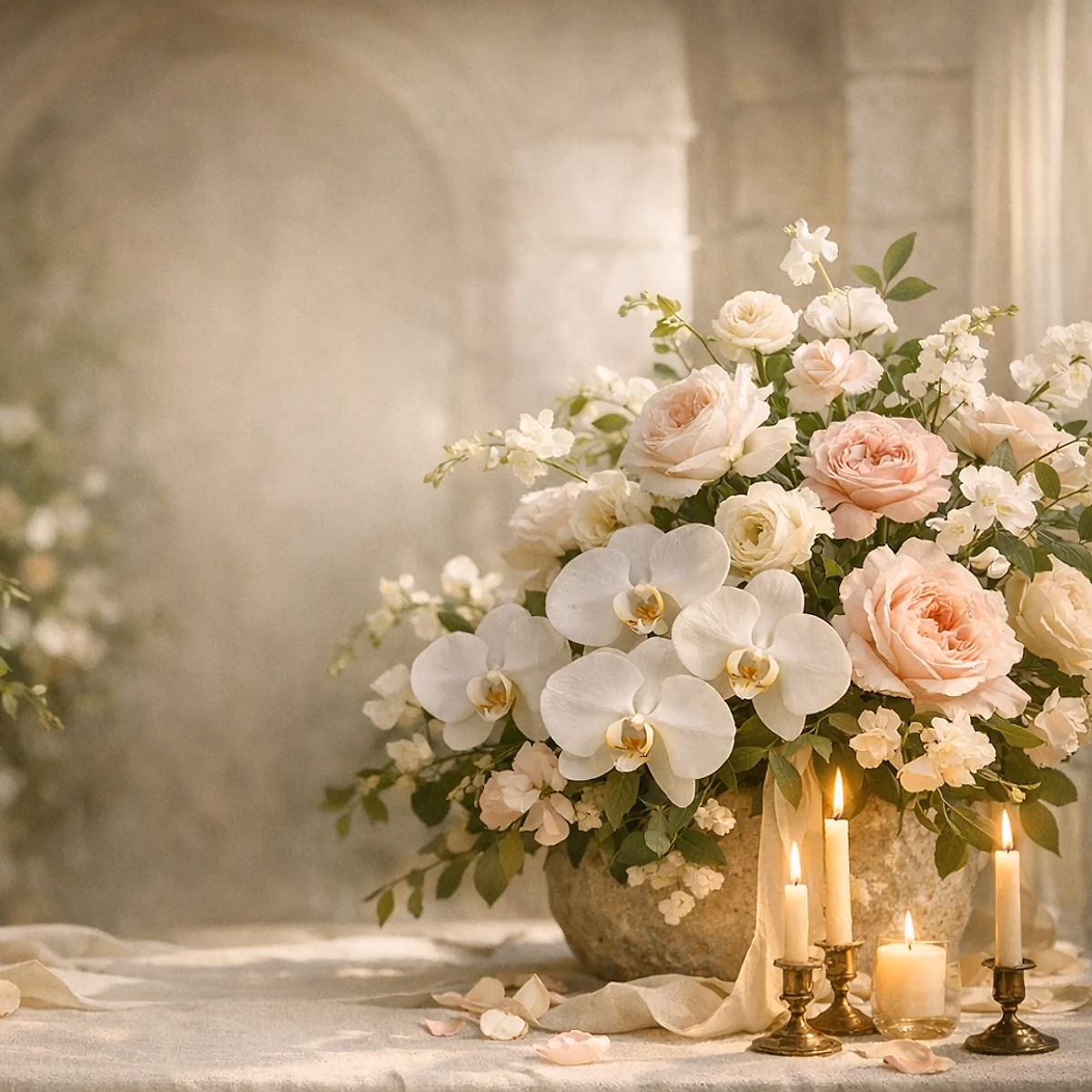 Representative white and champagne floral arrangement for a hotel guest-welcome delivery