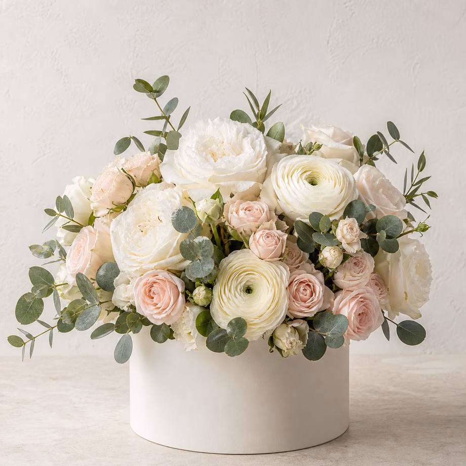 Ivory House white garden rose and cream ranunculus arrangement in a modern ivory flower box