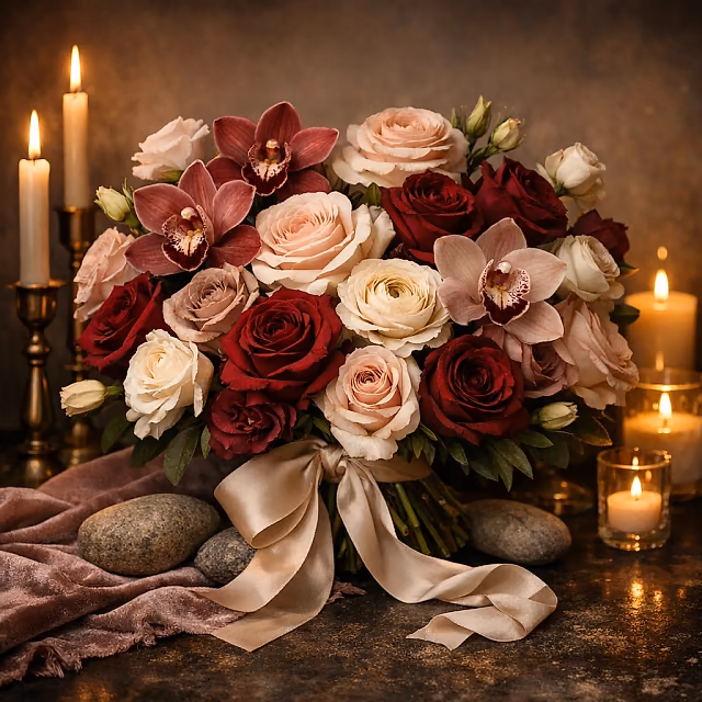 Anniversary Garden blush, berry, and cream romantic flower arrangement from Lina Flowers