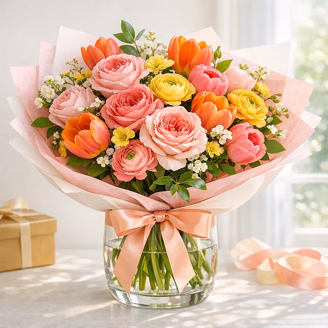 Birthday Confetti coral, pink, yellow, and lilac designer's-choice birthday bouquet from Lina Flowers