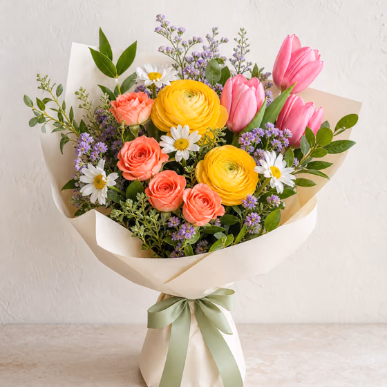 Petite Joy colorful affordable bouquet with coral roses, yellow ranunculus, pink tulips, and lavender accents