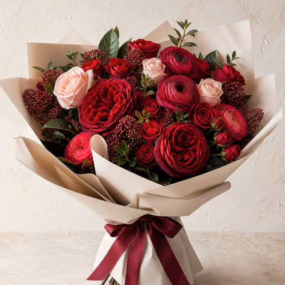 Velvet Romance red and berry rose bouquet wrapped in cream paper with a burgundy ribbon