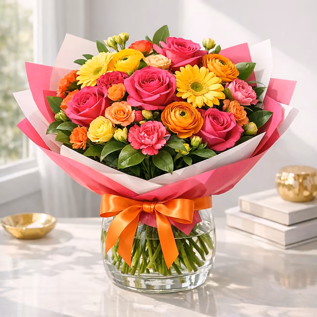 Bravo Brights coral, fuchsia, gold, and violet congratulations bouquet from Lina Flowers