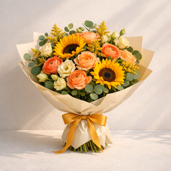 Golden Hour sunflower bouquet with peach roses, coral ranunculus, cream lisianthus, solidago, and eucalyptus