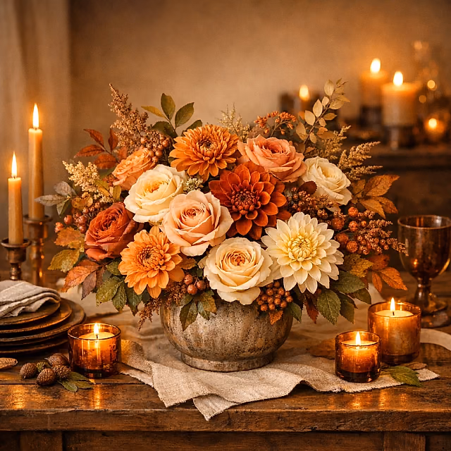 Harvest Table amber, copper, wine, and cream Thanksgiving floral centerpiece from Lina Flowers