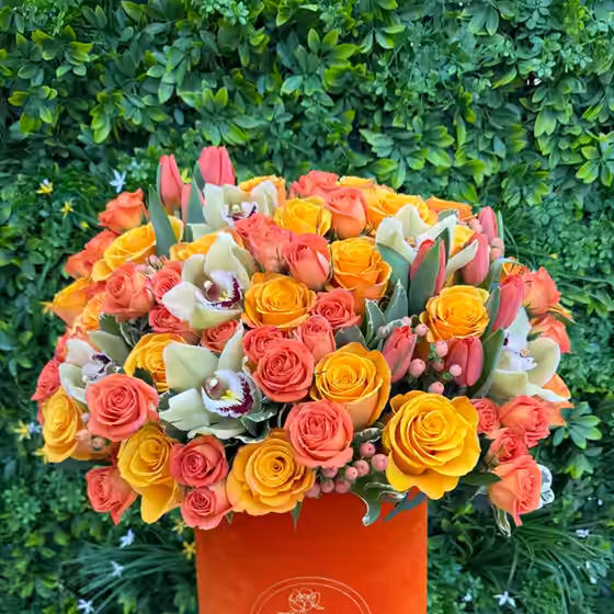 The Atelier Mix luxury rose, tulip, and orchid flower box from Lina Flowers in Van Nuys