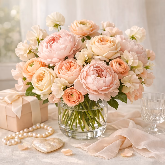 Mother's Garden blush, peach, lilac, and cream Mother's Day arrangement from Lina Flowers