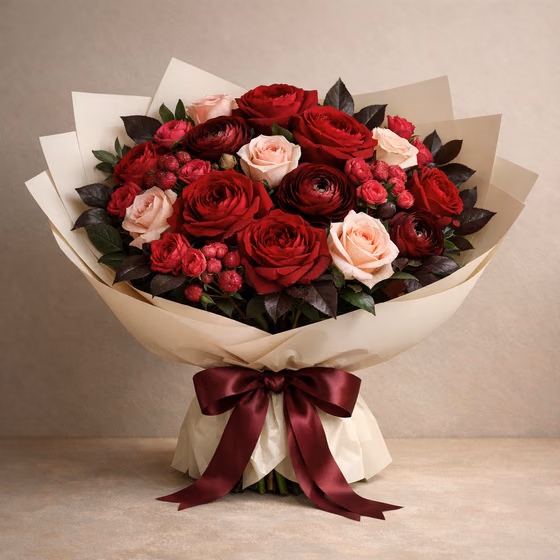 Rose Reverie romantic bouquet with red garden roses, berry ranunculus, blush roses, and burgundy ribbon
