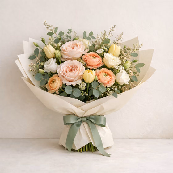 Seasonal Garden designer's choice bouquet with blush roses, peach ranunculus, pale yellow tulips, lisianthus, and eucalyptus