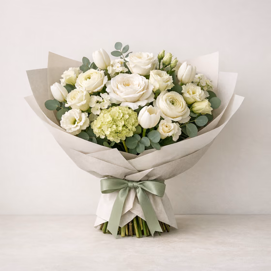 Serene Whites bouquet with white roses, ranunculus, tulips, green hydrangea, lisianthus, and eucalyptus